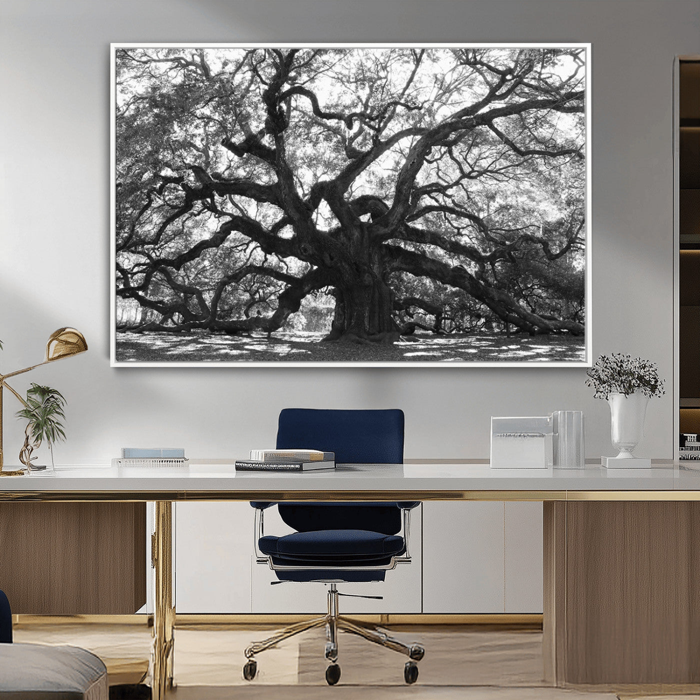 MGV-FC-36X24 - Ancient Oak Wall Art Canvas Print, Framed Twisted Branches Art Picture Print, Gnarled Tree Perfect Moody Nature Decor Artwork