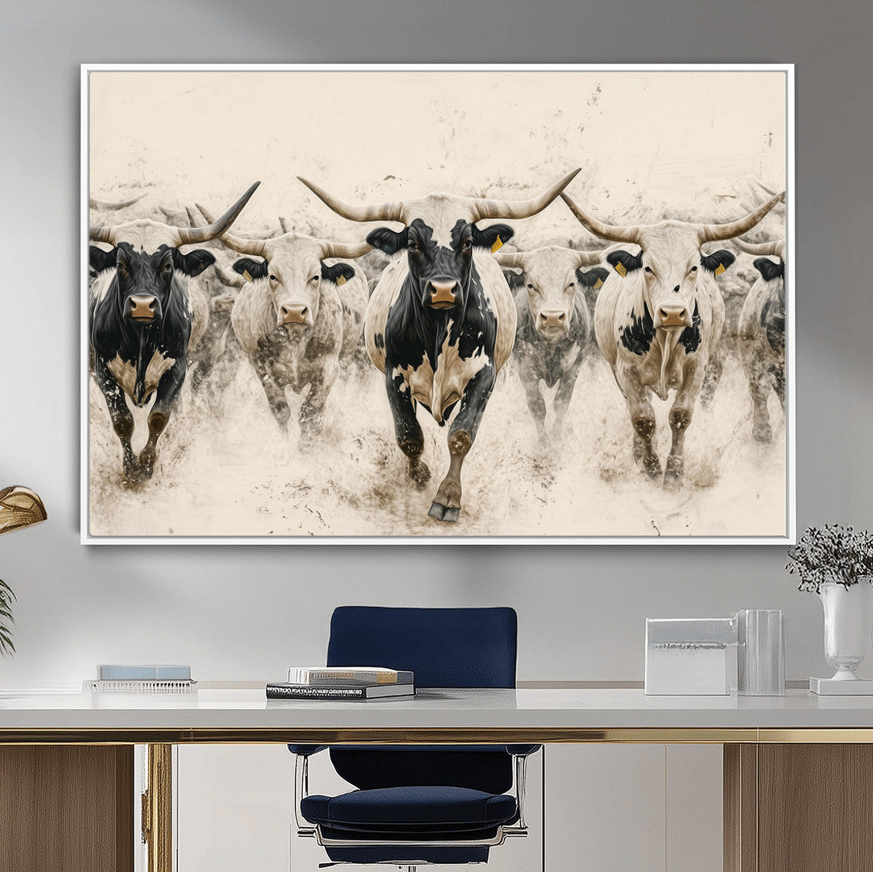 61538944-MGV-FC-36X24_White-Texas Longhorn Wall Art – Framed Cattle Walking Canvas Artwork, Black White Bull Design, Western Ranch Decor for Home, Office