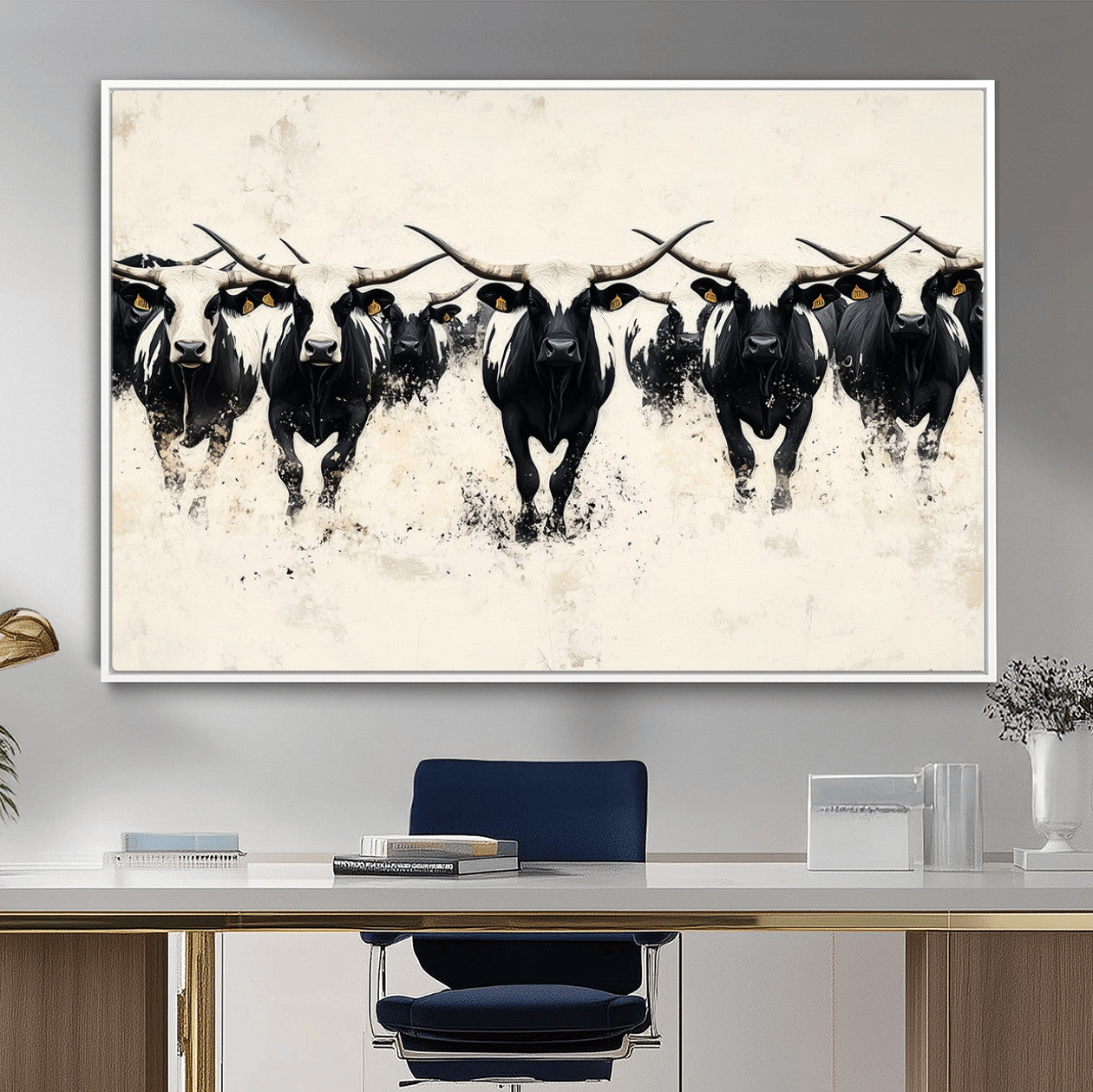 63302786-MGV-CV-36X24-Texas Longhorn Wall Art – Framed Black White Cattle Canvas Artwork, Stampede Bull Design, Western Ranch Decor for Home, Office