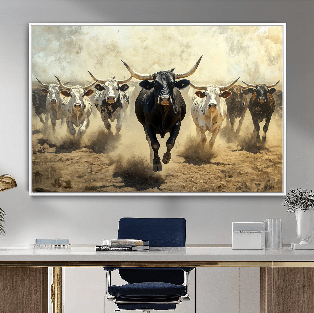 43421315-MGV-CV-36X24-Texas Longhorn Wall Art – Framed Charging Cattle Canvas Artwork, Dusty Western Herd Design, Rustic Ranch Decor for Home, Office