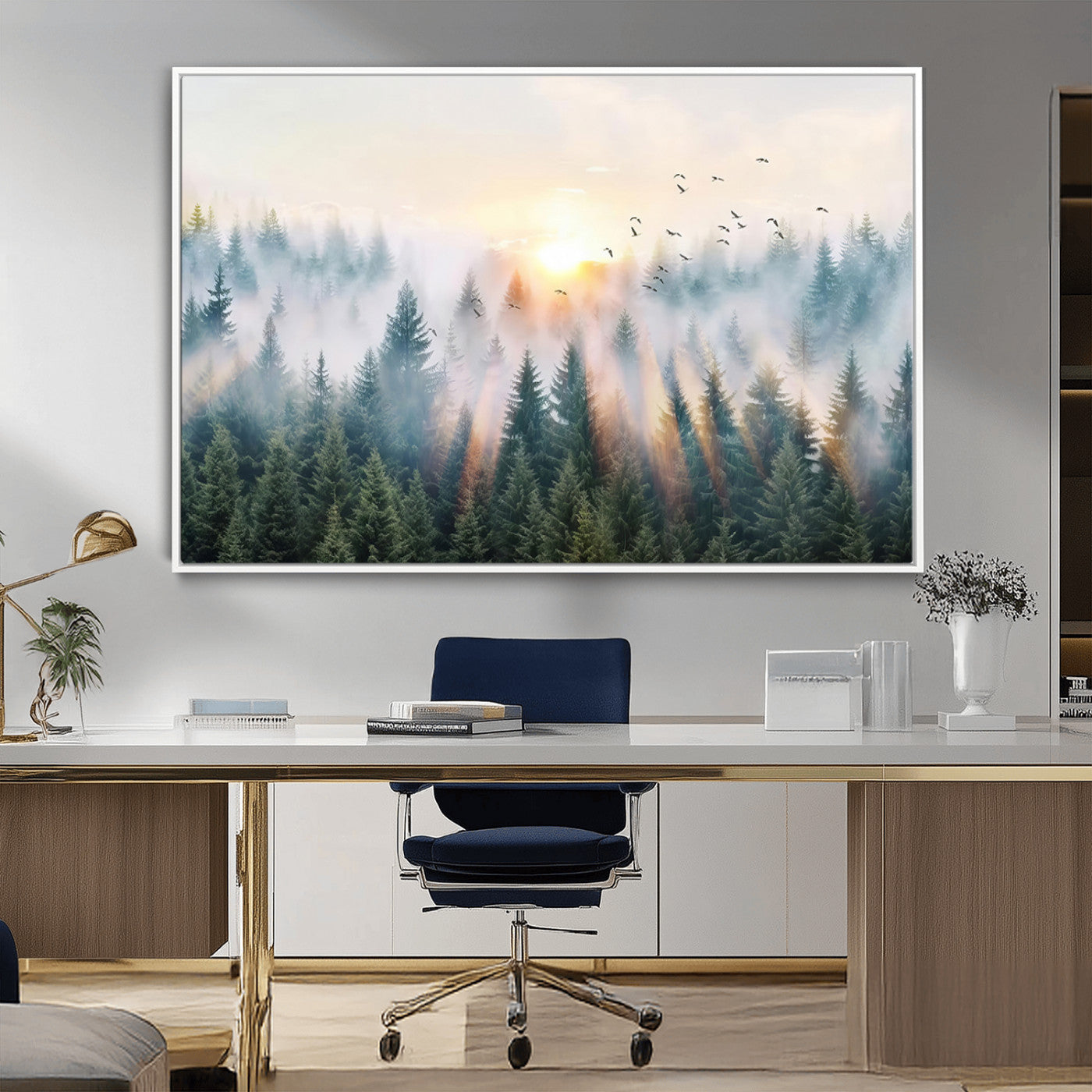 MGV-FC-36X24 - Misty Pine Forest Wall Art Canvas, Sunrise Over Foggy Trees Canvas for Home - Office, Framed