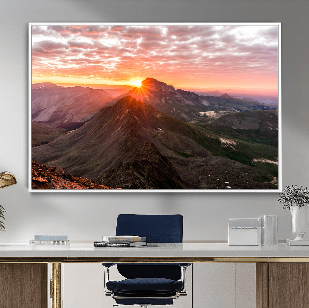 50957419-MGV-FC-36X24_White-Mountain Sunrise Wall Art – Framed Alpine Ridge Canvas Artwork, Golden Peak Design, Scenic Nature Decor for Home, Office