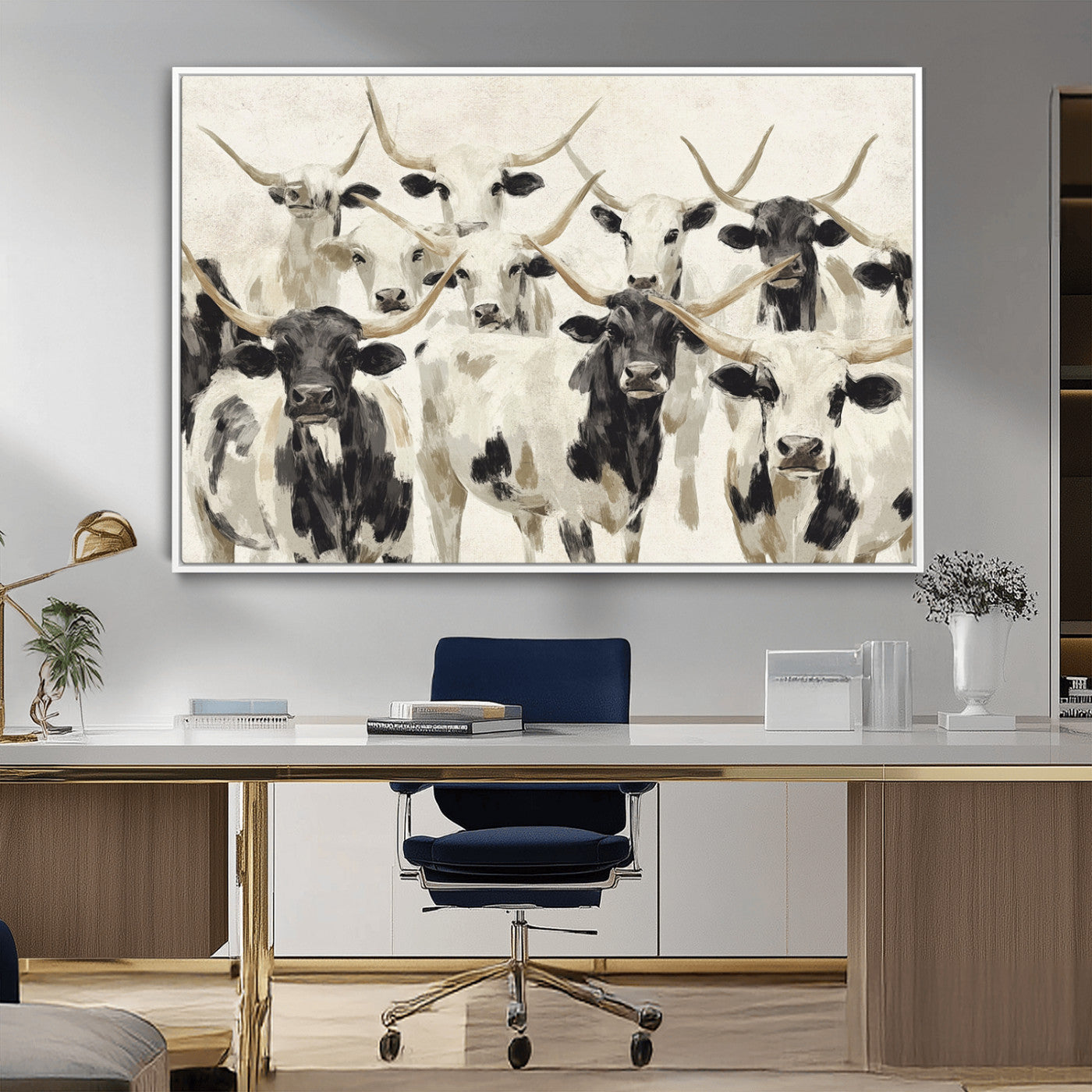 MGV-FC-36X24 - Longhorn Texas Cow Drawing Abstract Wall Art Canvas Print for Farmhouse Decor, Texas Bull Printing