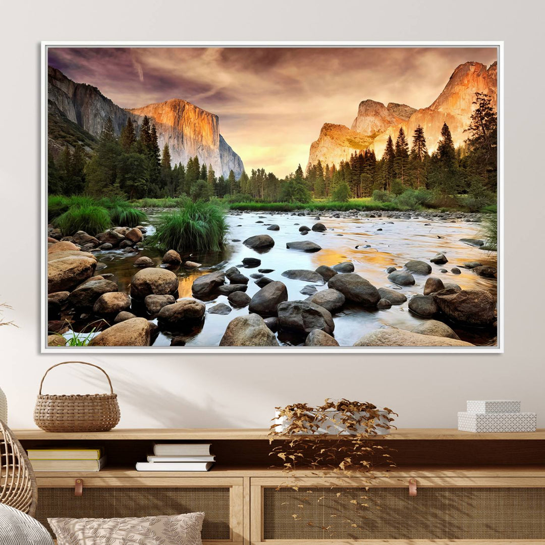 A tranquil riverside sunset mirrors the beauty of a Yosemite wall art masterpiece like the Large El Capitan Print.