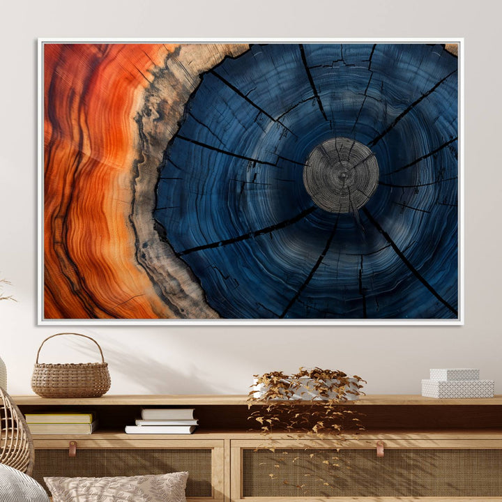 Abstract Tree Rings Canvas Print with vibrant colors—ideal farmhouse wall art for a woodland-themed home.