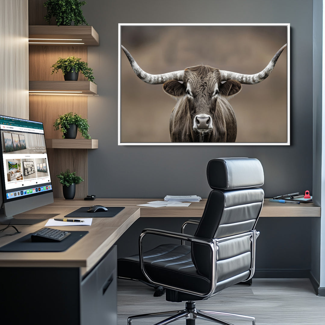 The Framed Texas Longhorn Bull Art Canvas Print adds timeless elegance to the serene setting.