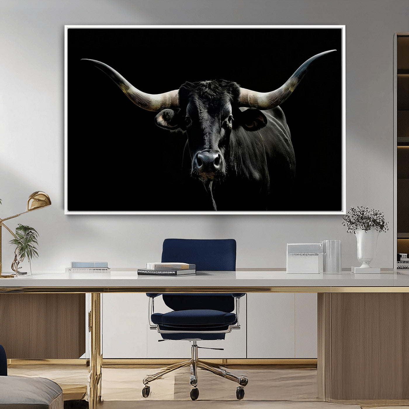 MGV-FC-36X24 - Texas Black Bull Wall Art Print, Longhorn Bull Canvas Wall Art