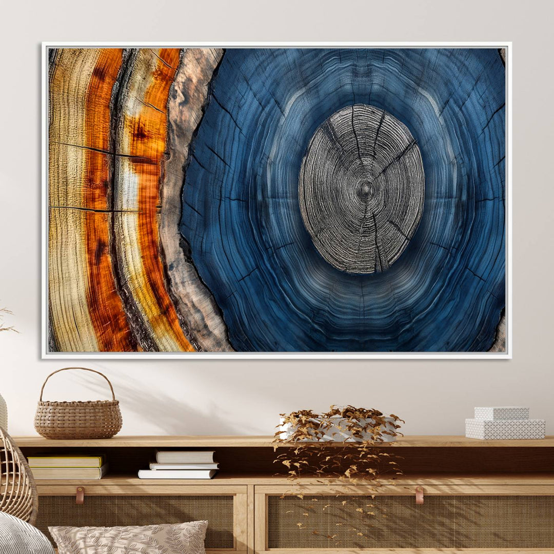 Vibrant Abstract Tree Rings in Orange, Brown, and Blue - Canvas Print for Nature Woodland Wall Decor.