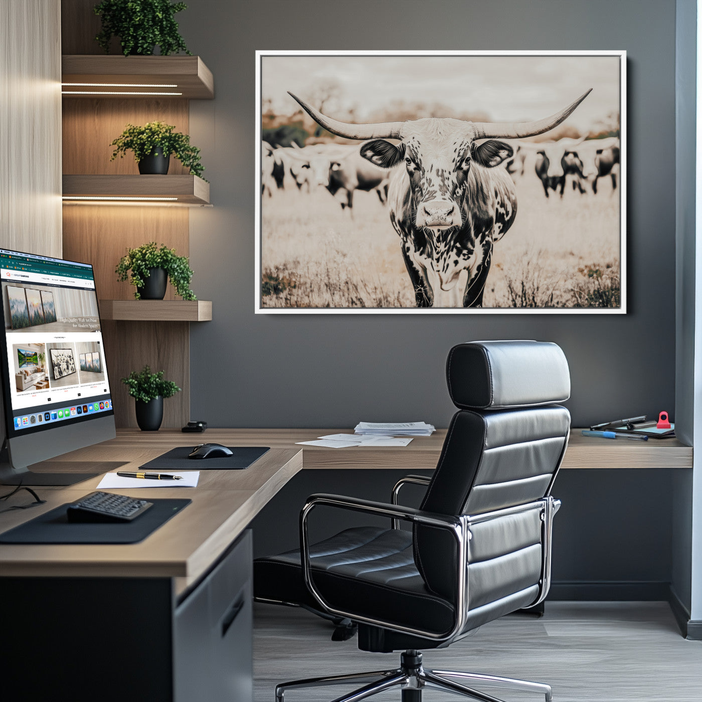 Texas Longhorn Wall Art Canvas Print, Framed Speckled Cow Art Picture Print, Horned Cattle Perfect Rustic Western Decor Artwork