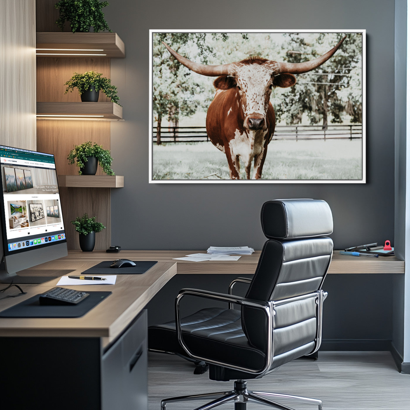 54757537-MGV-CV-36X24-Texas Longhorn Wall Art Canvas Print, Framed Spotted Cow Art Picture Print, Horned Cattle Perfect Rustic Western Decor Artwork