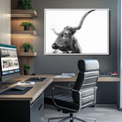 64392617-MGV-CV-36X24-Longhorn Wall Art Wall Art Canvas Print, Framed Modern Ranch Style Art Art Picture Print, Monochrome Cow Print Perfect Rustic Western Decor