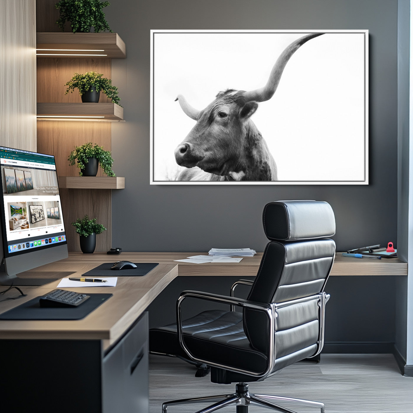 64392617-MGV-CV-36X24-Longhorn Wall Art Wall Art Canvas Print, Framed Modern Ranch Style Art Art Picture Print, Monochrome Cow Print Perfect Rustic Western Decor