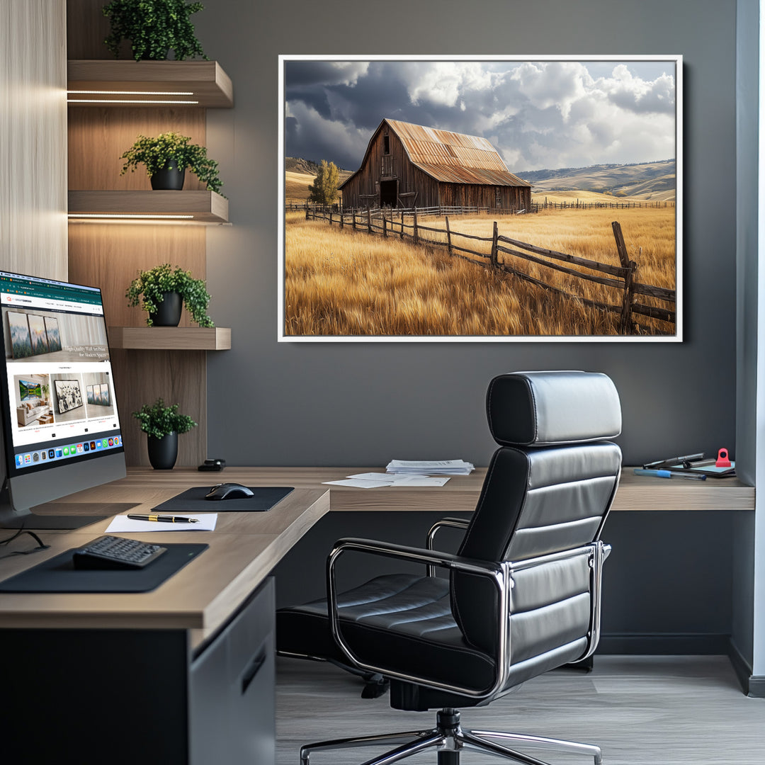 Rustic Barn Wall Art Canvas Print, Framed Moody Barn Art Picture Print, Golden Field Perfect Rustic Farmhouse Decor