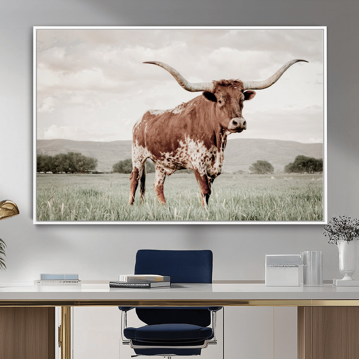 28309012-MGV-CV-36X24-Texas Longhorn Wall Art – Framed Spotted Cattle Canvas Artwork, Horned Bull Design, Western Ranch Decor for Home, Office