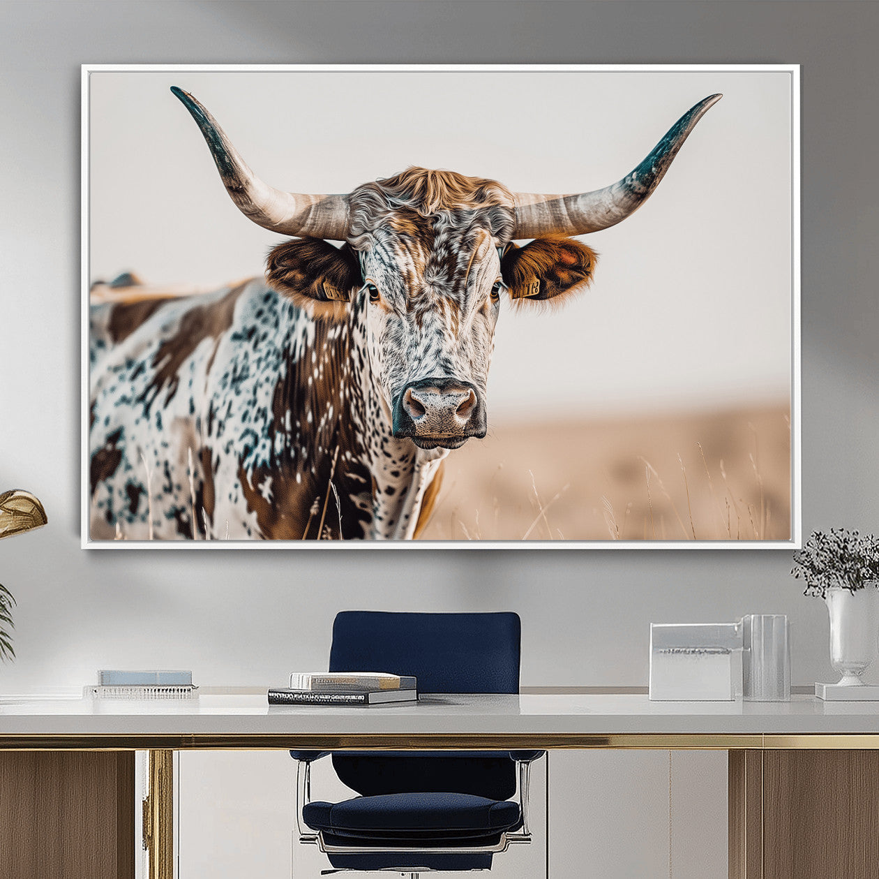 70414966-MGV-CV-36X24-Texas Longhorn Wall Art – Framed Speckled Cow Canvas Artwork, Horned Bull Design, Western Ranch Decor for Home, Office