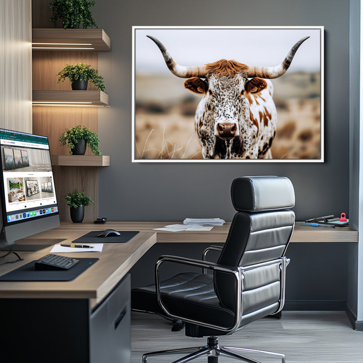 Texas Longhorn Wall Art Canvas Print, Framed Spotted Cow Art Picture Print, Horned Cattle Perfect Rustic Western Decor Artwork
