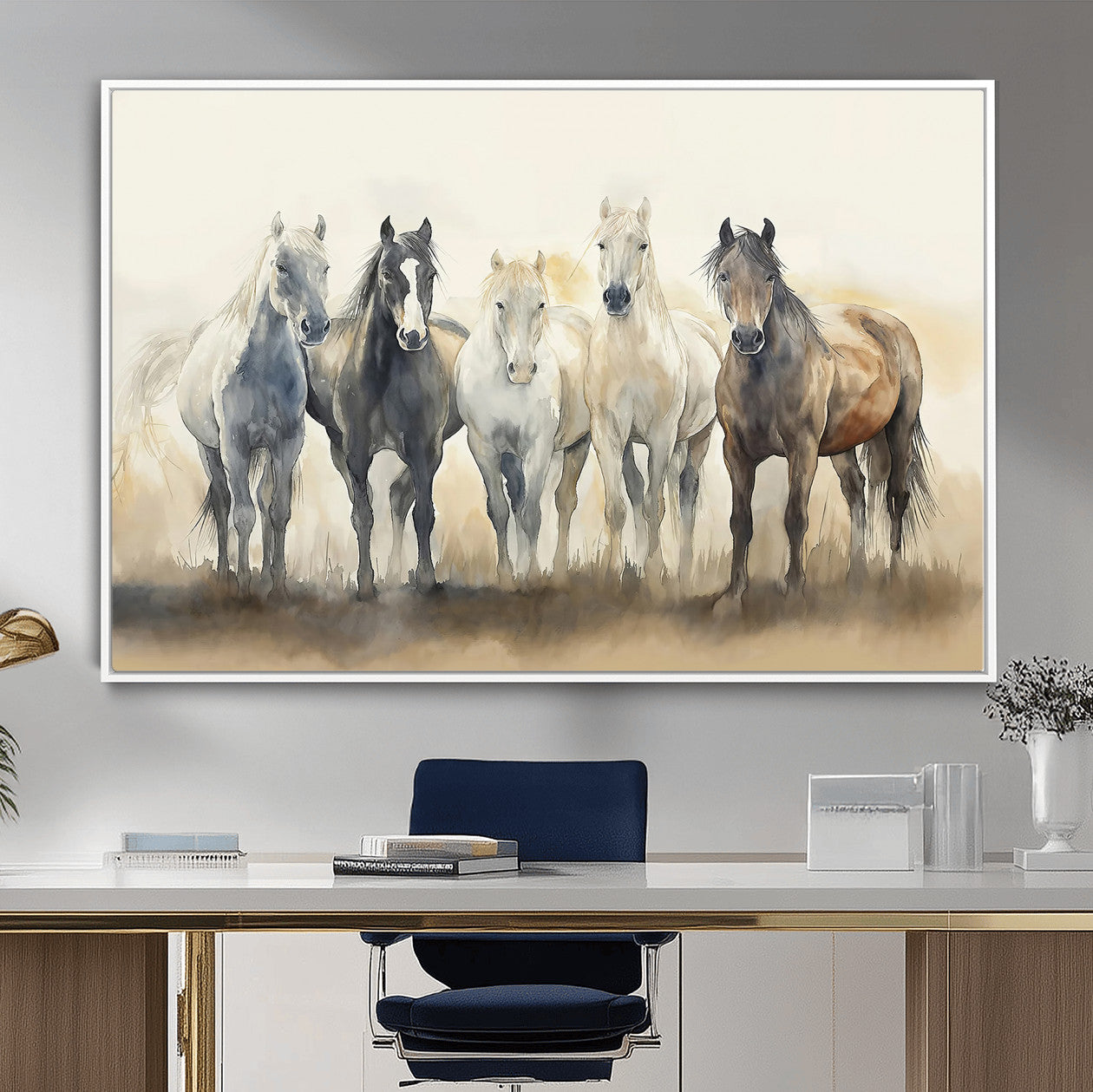 11177620-MGV-CV-36X24-Wild Horses Wall Art Canvas Print, Framed Running Horses Art Picture Print, Watercolor Horses Perfect Rustic Western Decor Artwork