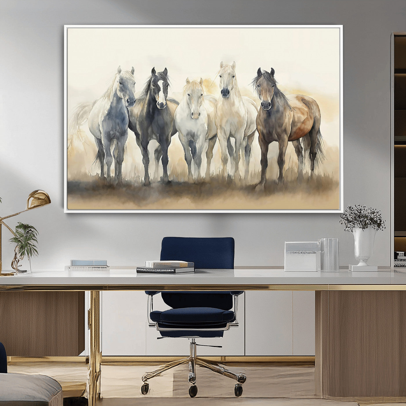 MGV-FC-36X24 - Wild Horses Wall Art Canvas Print, Framed Running Horses Art Picture Print, Watercolor Horses Perfect Rustic Western Decor Artwork