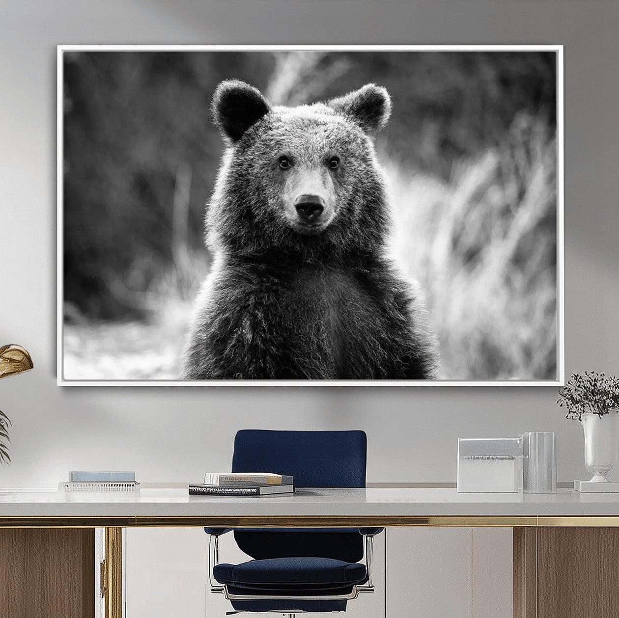 55656803-MGV-CV-36X24-Grizzly Bear Wall Art Canvas Print – Framed Black White Wildlife Rustic Nature Artwork for Home, Office Decor