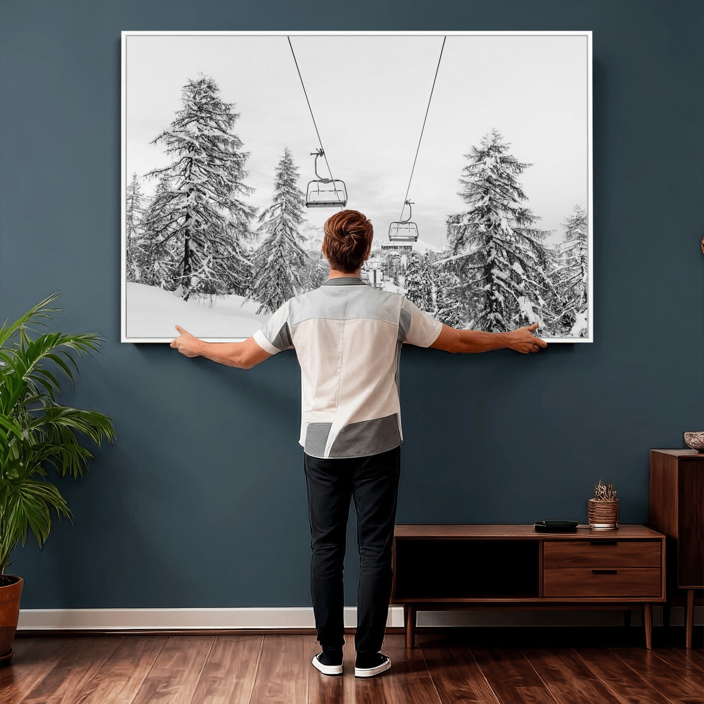 55003599-MGV-CV-36X24 - Snowy Ski Lift Wall Art – Framed Winter Forest Canvas Artwork, Peaceful Mountain Design, Modern Nature Decor for Home, Office