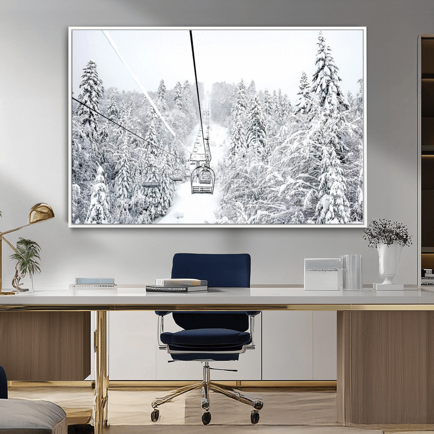 MGV-FC-36X24 - Snowy Mountains Wall Art Canvas Print, Framed Ski Lift Art Picture Print, Winter Forest Perfect