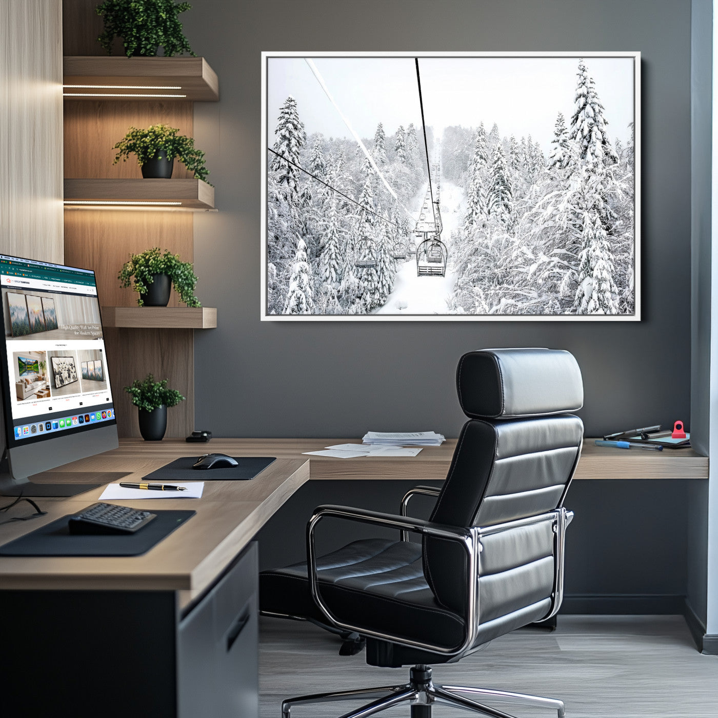 Snowy Mountains Wall Art Canvas Print, Framed Ski Lift Art Picture Print, Winter Forest Perfect Winter Minimalist Decor, Ski Lift Canvas