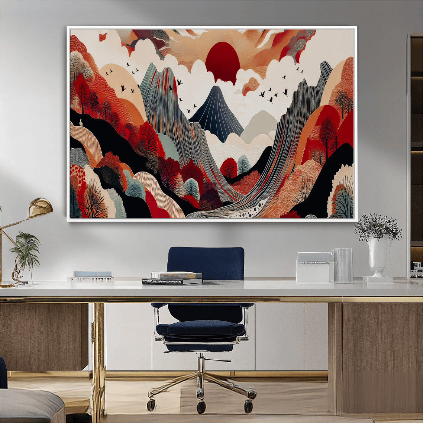 MGV-FC-36X24 - Abstract Mountain Wall Art Canvas Print, Framed Vibrant Landscape Art Picture Print, Stylized Nature Drawing Perfect Contemporary Minimalist Decor Artwork