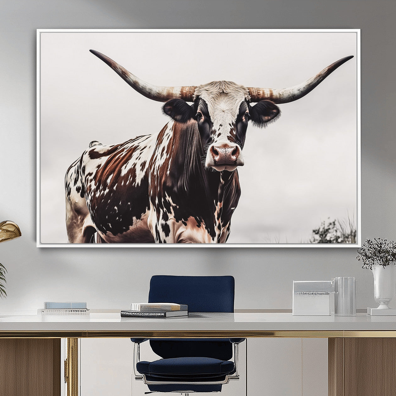 95249234-MGV-CV-36X24-Texas Longhorn Wall Art Canvas Print – Framed Spotted Bull Scene with Horned Cattle Artwork for Home, Office