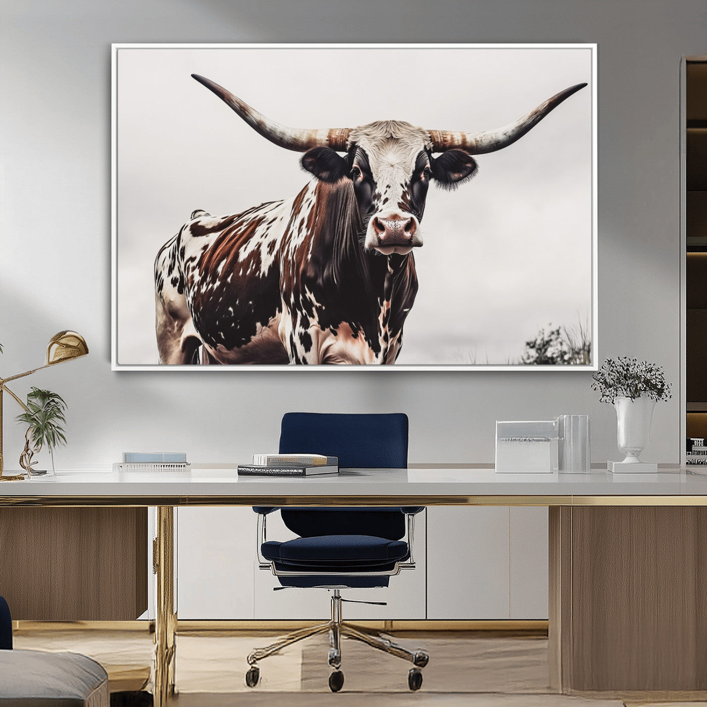Close-up of a Texas Longhorn bull with powerful horns, perfect for rustic farmhouse or country-themed home decor. Ideal for animal lovers.