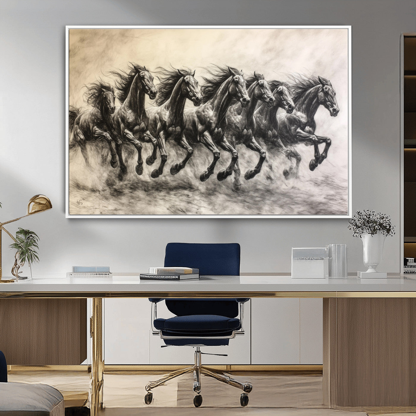 Monochrome drawing of a herd of galloping horses, perfect for dynamic and wild-themed decor in any equestrian or nature-inspired room.