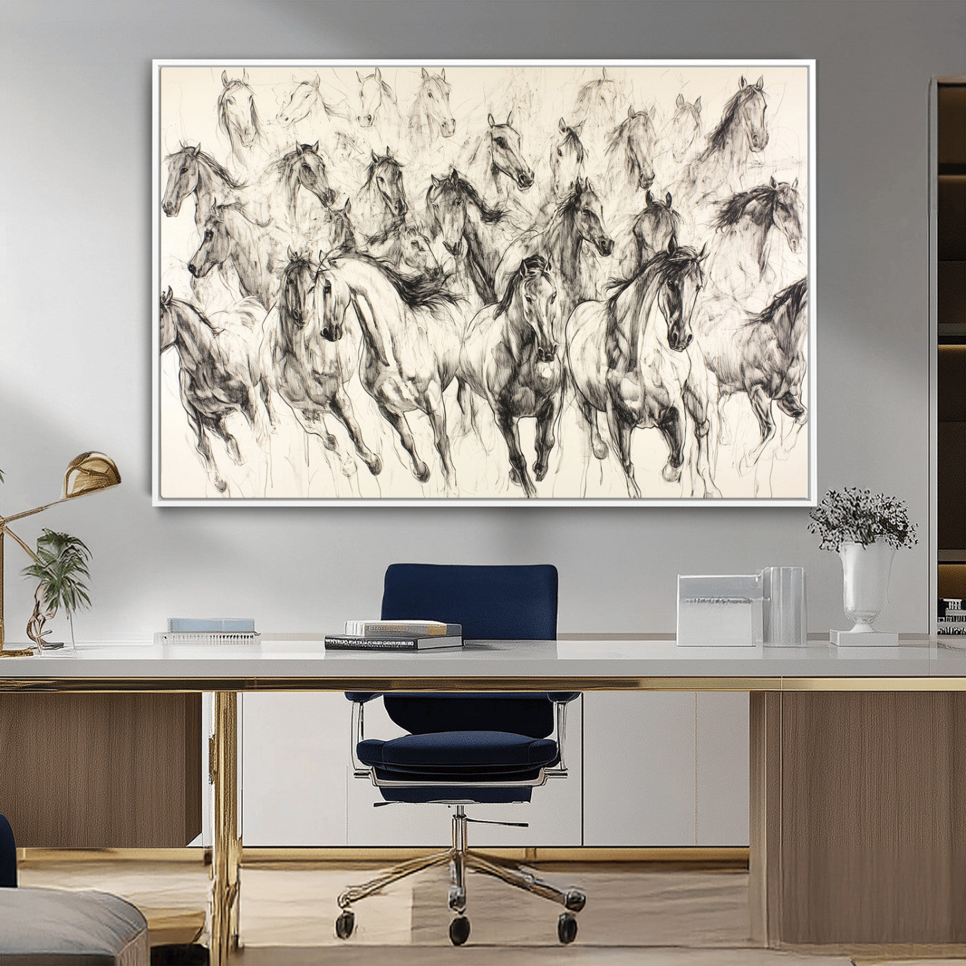 Monochrome ink sketch of galloping horses in dynamic motion, perfect for western or equine-themed wall decor with bold artistic energy.