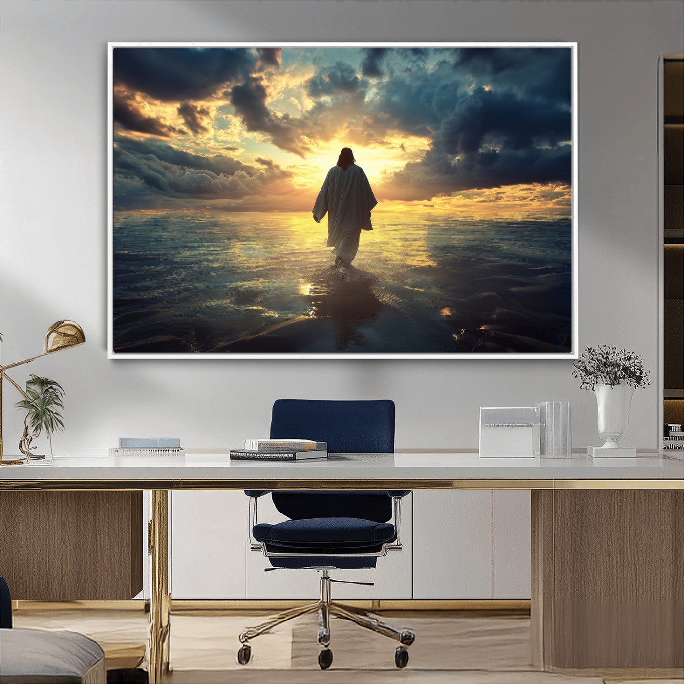 Spiritual artwork of Jesus walking on water at golden hour with divine light, ideal for Christian home decor or prayer room.