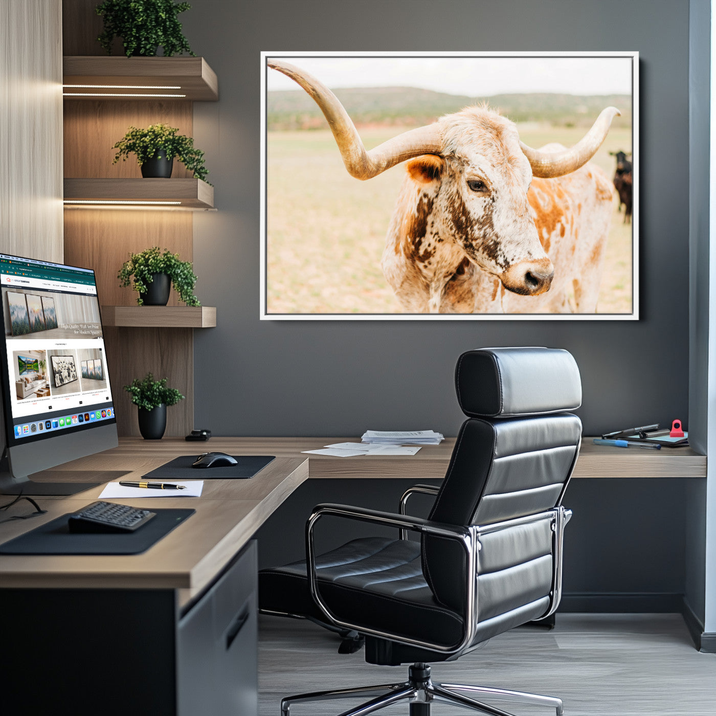 Texas Longhorn Wall Art Canvas Print, Framed Speckled Cow Art Picture Print, Rustic Bull Perfect Rustic Western Decor, Framed Speckled Cow