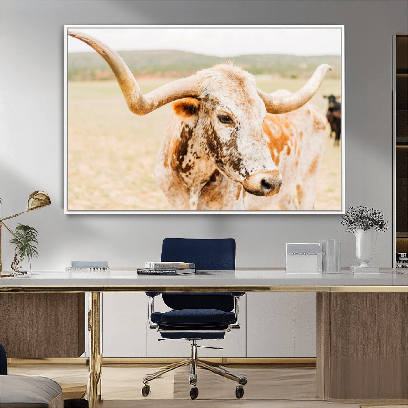 Close-up of a speckled Texas Longhorn in warm prairie tones, perfect for rustic western or countryside-themed room decor.