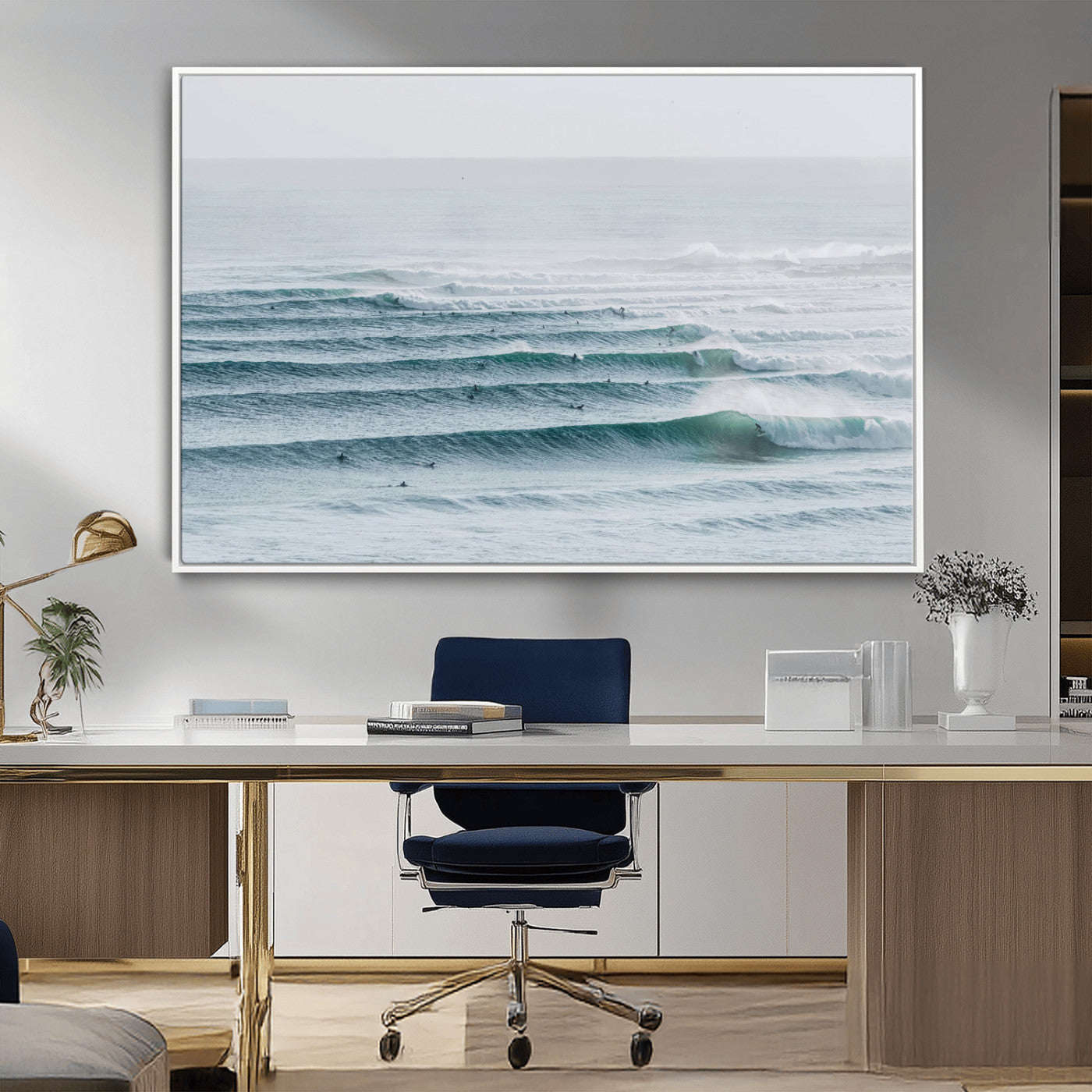 High-angle view of surfers lining up across layered ocean waves, ideal for minimal coastal or surf-inspired room decor.