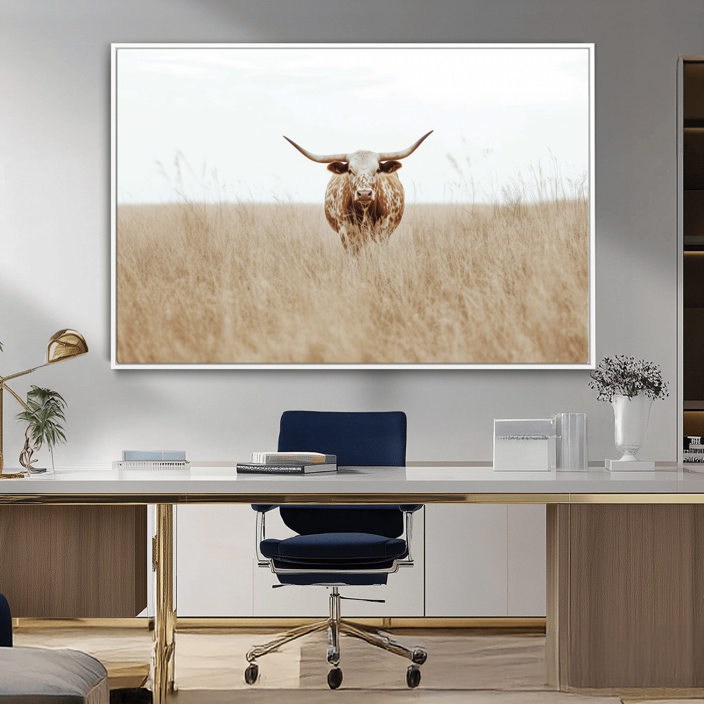 Texas Longhorn bull standing alone in dry grass with neutral tones, ideal for rustic western or cowboy-themed wall decor.