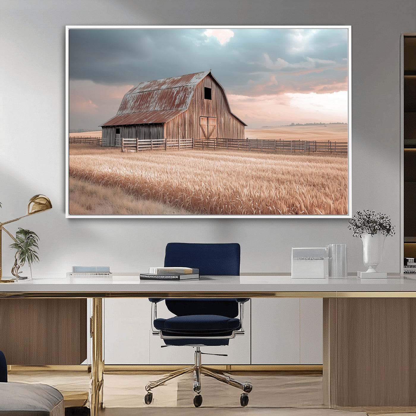 Framed canvas of a rustic barn in a golden wheat field under soft skies, ideal for vintage farmhouse or country-style wall decor.