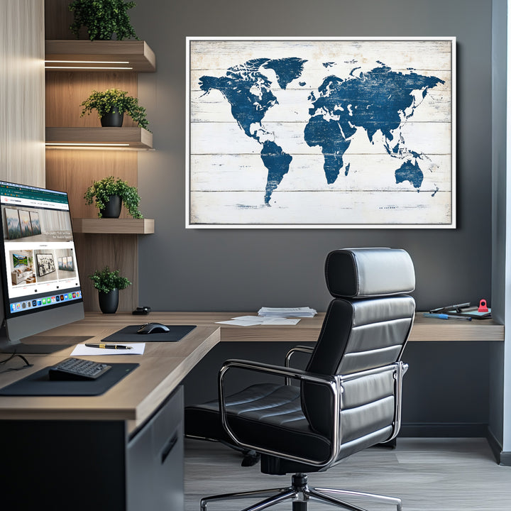World Map Wall Art Canvas Print, Framed Rustic Atlas Art Picture Print, Wooden Map Perfect Vintage Decor Artwork