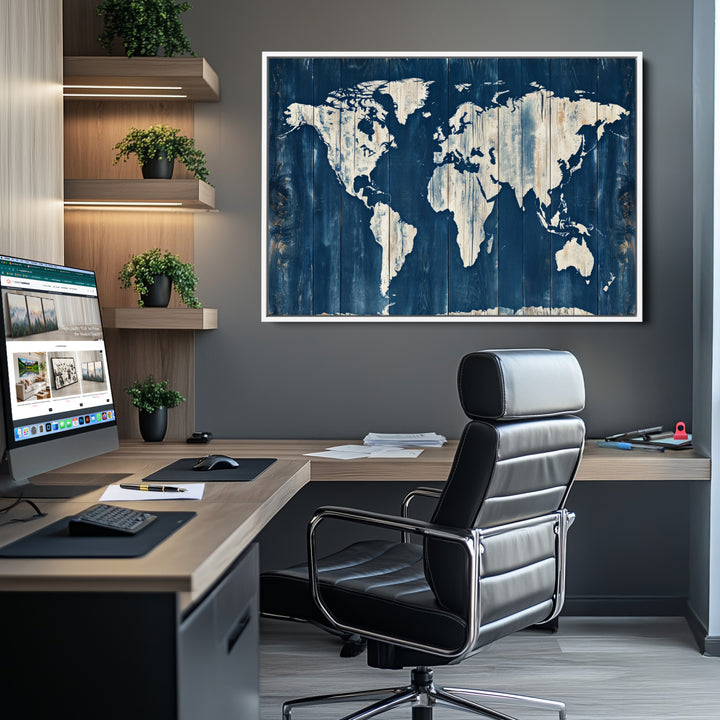 World Map Wall Art Canvas Print, Rustic Map Print, Framed Wooden World Map Art Print, Large Antique Map Decor Printing Perfect for Vintage Decor