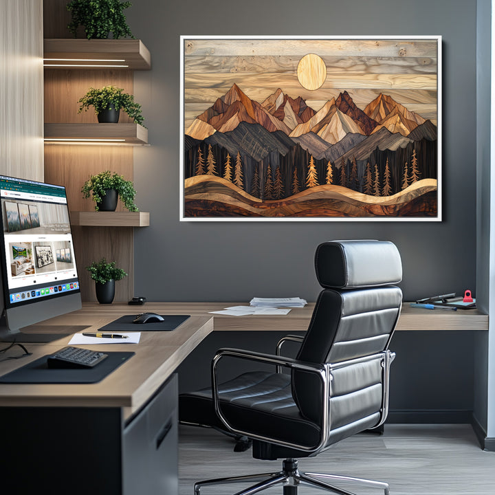 Wood Mountain Wall Art Canvas Print, Framed Boho Wood Art Print, Abstract Woodland Farmhouse Decor