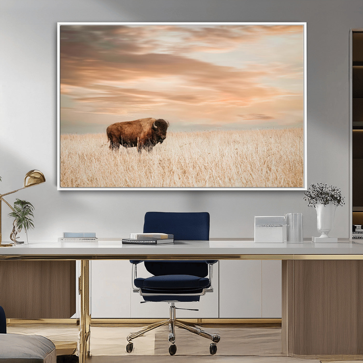 MGV-FC-36X24 - Bison Wall Art Canvas Print, Framed Buffalo Art Picture Print, Western Prairie Perfect Rustic Decor Artwork