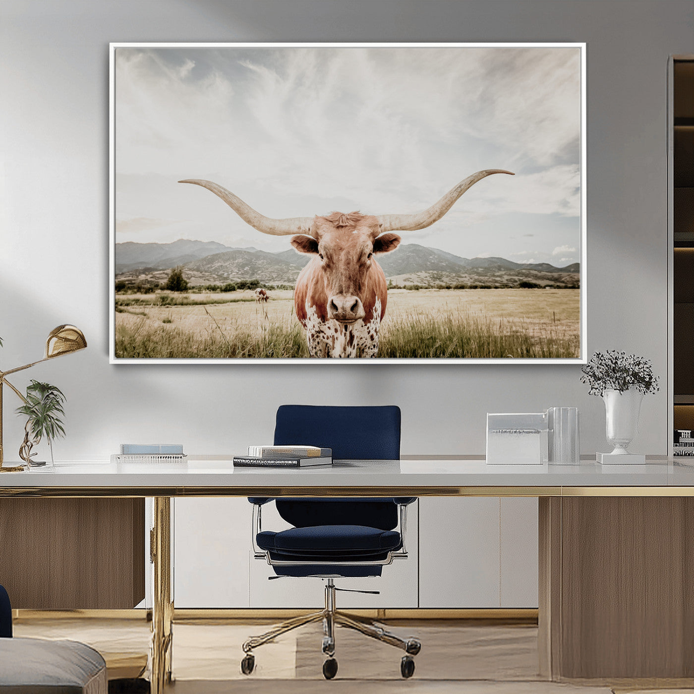 MGV-FC-36X24 - Texas Longhorn Wall Art Canvas Print, Framed Western Cow Art Picture Print, Rustic Farmhouse Perfect Farmhouse Decor Artwork