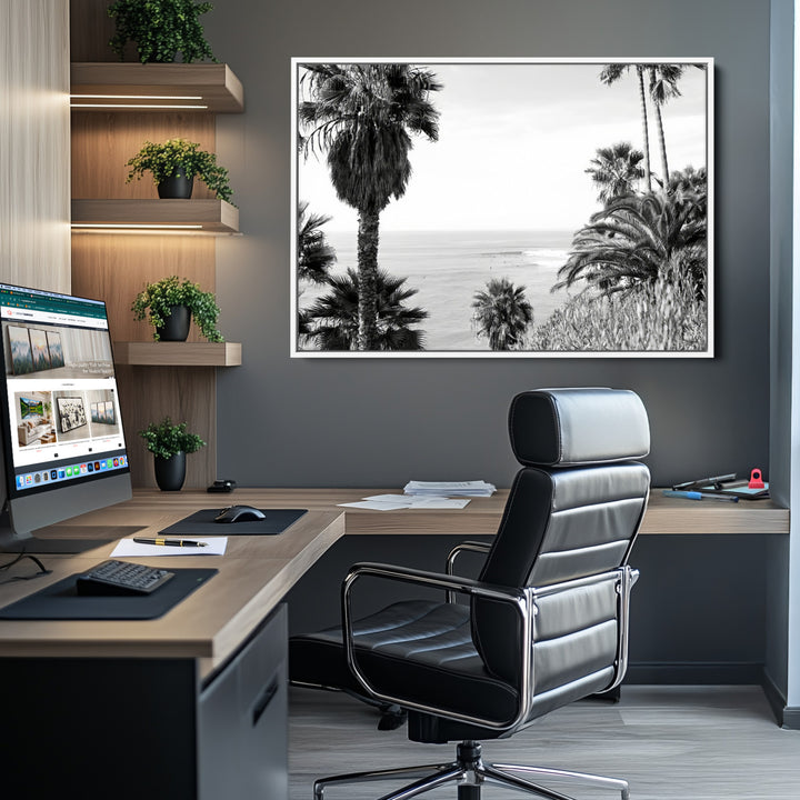 Palm Trees Wall Art Canvas Print, Framed Coastal Art Picture Print, Ocean Horizon Perfect Monochrome Coast Decor
