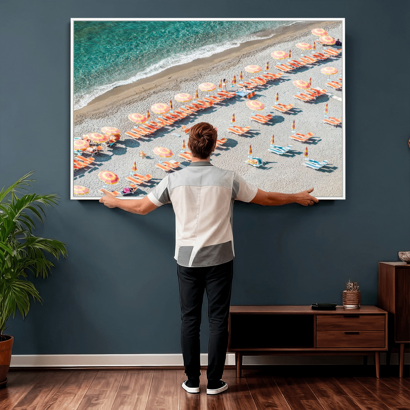27805351-MGV-CV-36X24 - Beach Umbrellas Wall Art – Orange Loungers & Turquoise Water Canvas Print, Sandy Shore and Summer Vibes