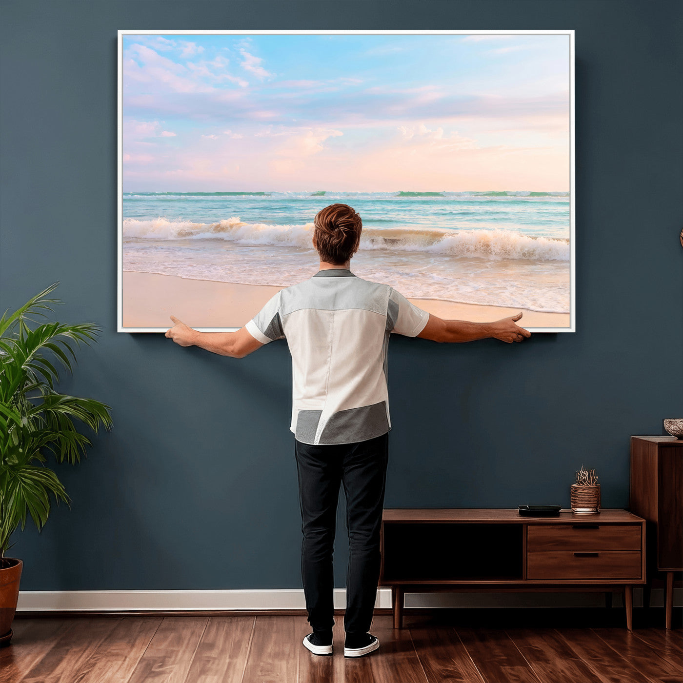 74679437-MGV-CV-36X24 - Serene Waves Wall Art – Golden Shore & Soft Pastel Sky Canvas Print, Gentle Ocean and Peaceful Sunset for Living Room or Office