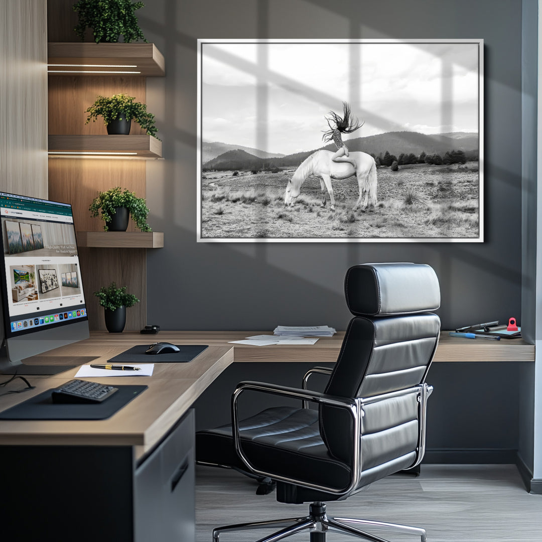 White Horse Wall Art Canvas Print, Woman Rider Print, Framed Equestrian Pose Art Print, Large Grazing Horse Printing Western Boho