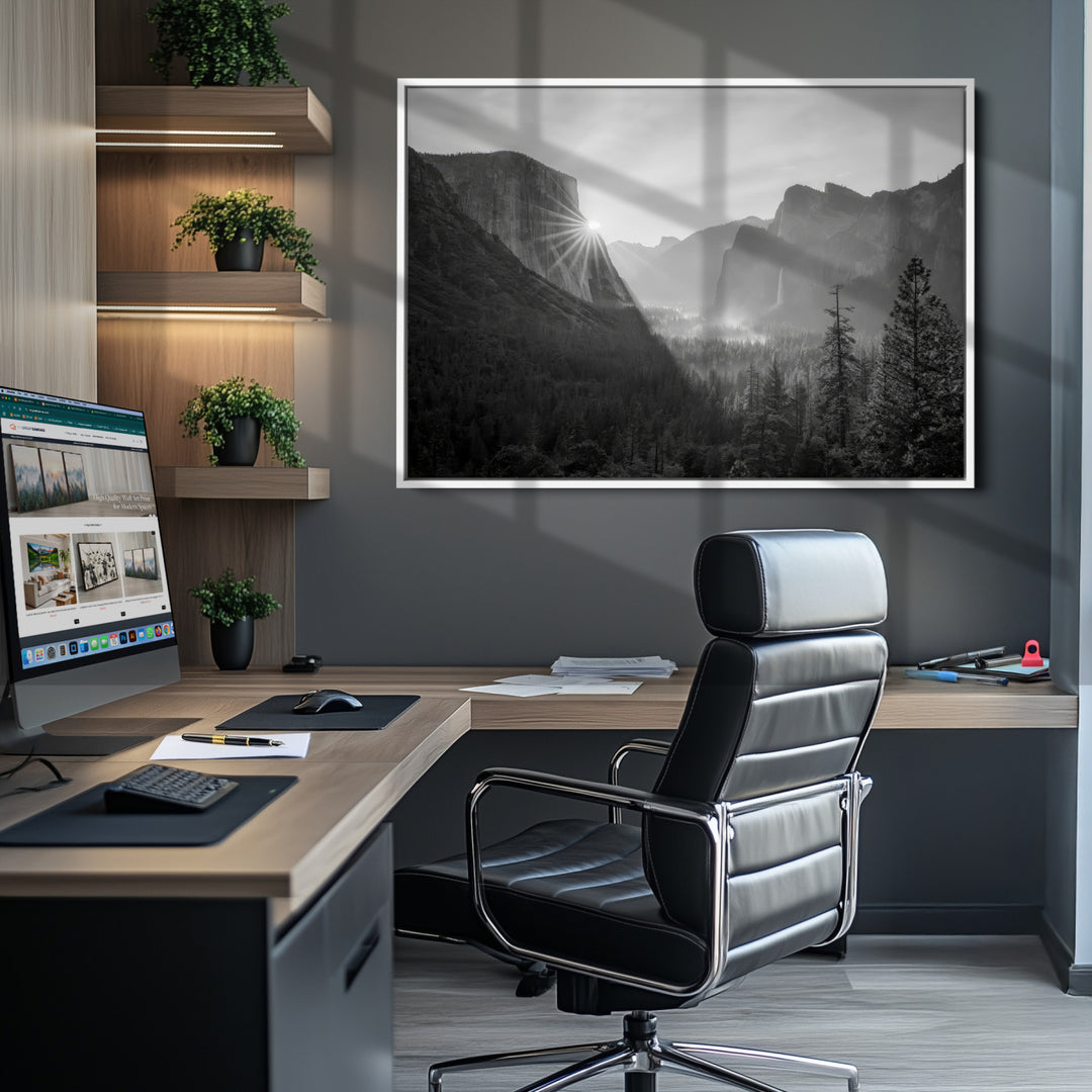 Yosemite Valley Wall Art Canvas Print, Framed El Capitan Sunrise Print, Framed Misty Mountain Art Print, Large Monochrome Valley Printing