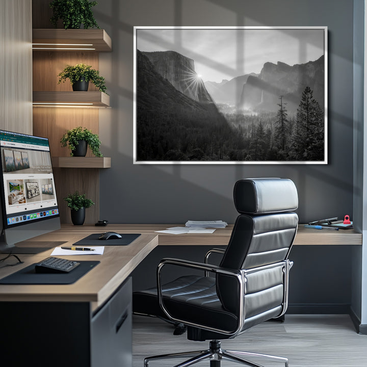 Yosemite Valley Wall Art Canvas Print, Framed El Capitan Sunrise Print, Framed Misty Mountain Art Print, Large Monochrome Valley Printing