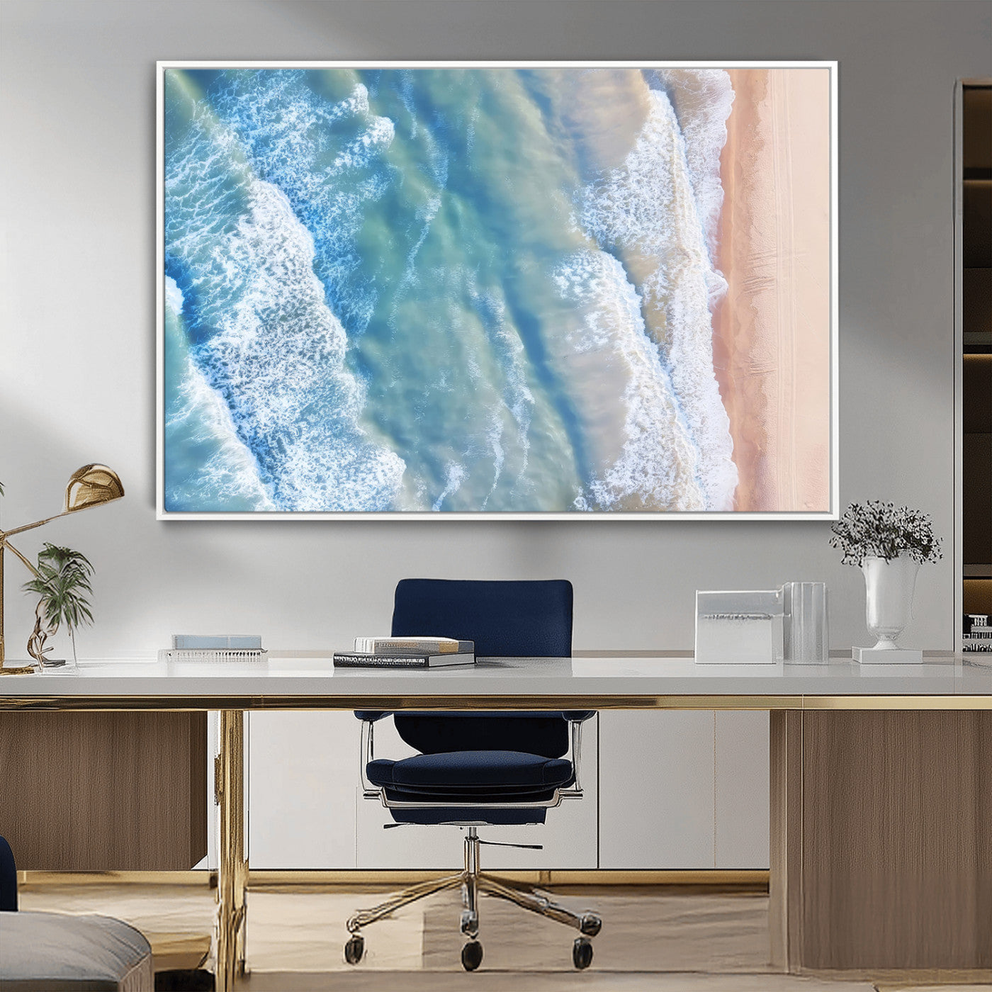 MGV-FC-36X24 - Aerial Ocean View Wall Art Canvas Print, Framed Soft Blue Waves Art Picture Print, Sandy Shoreline Perfect Modern Coastal Decor Artwork