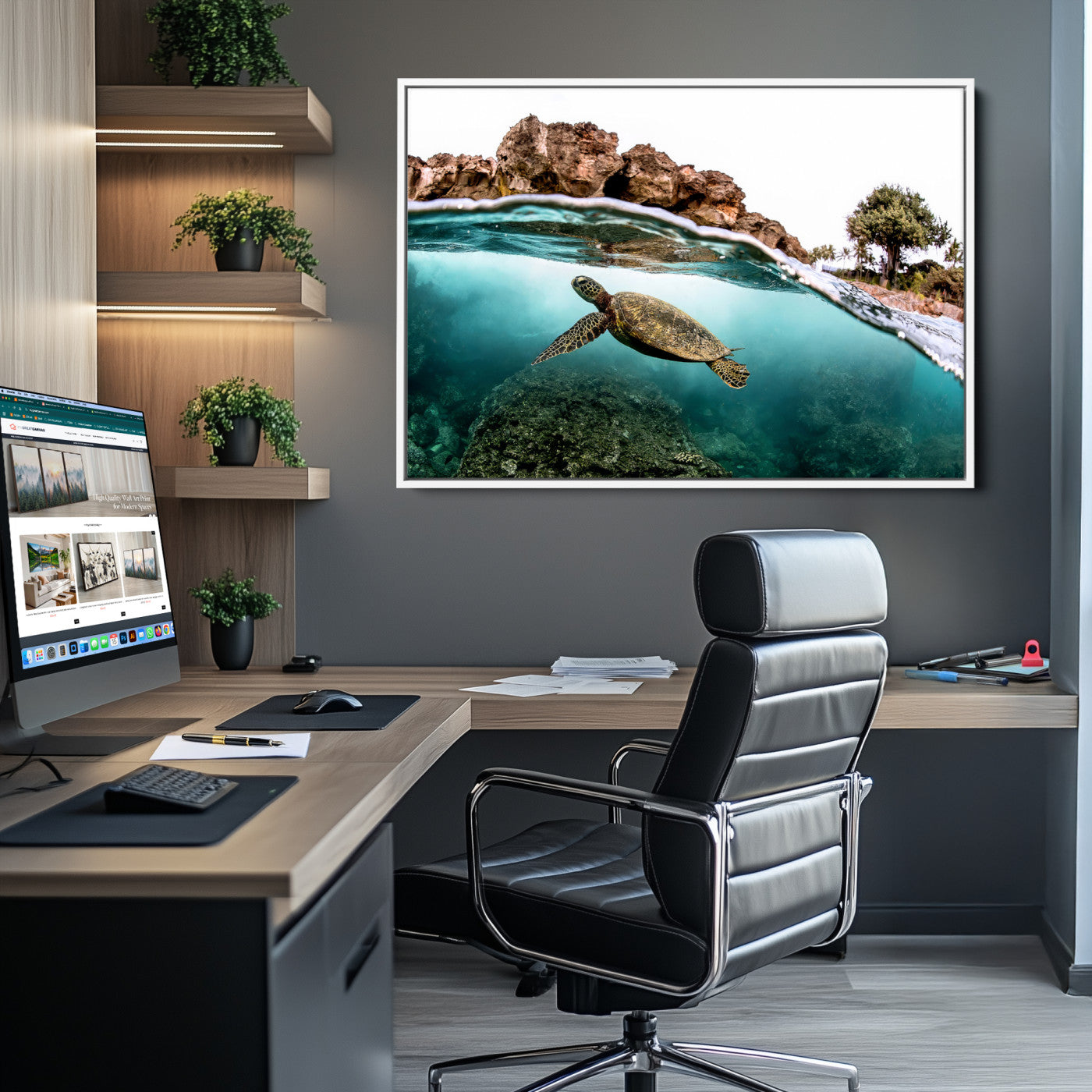 44200301-MGV-CV-36X24-Sea Turtle Wall Art Canvas Print, Framed Ocean Life Art Picture Print, Tropical Perfect Coastal Decor